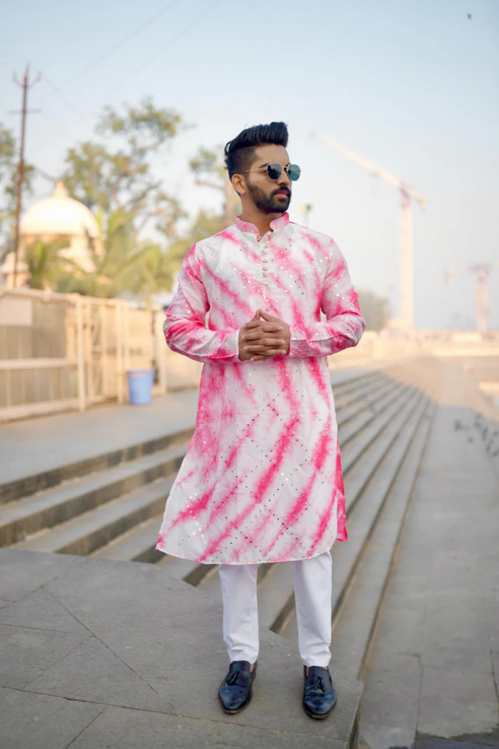 Gulabi Nazaqat Chanderi Silk Kurta with Checks and Mirror Embellishments