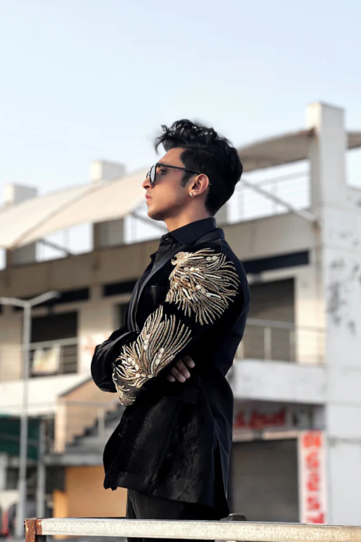 Handcrafted Embroidered Silk Blazer with Pants