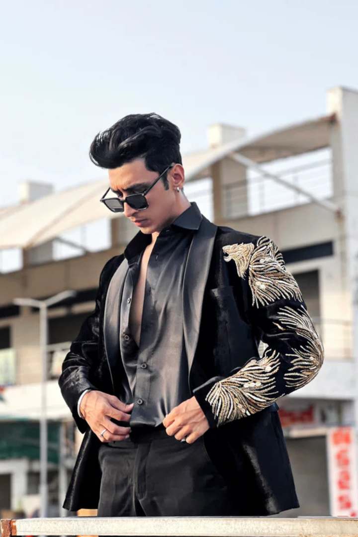 Handcrafted Embroidered Silk Blazer with Pants