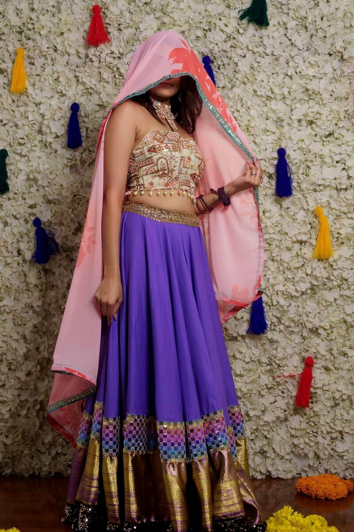 Purple Cotton Lehenga With Printed Dupatta