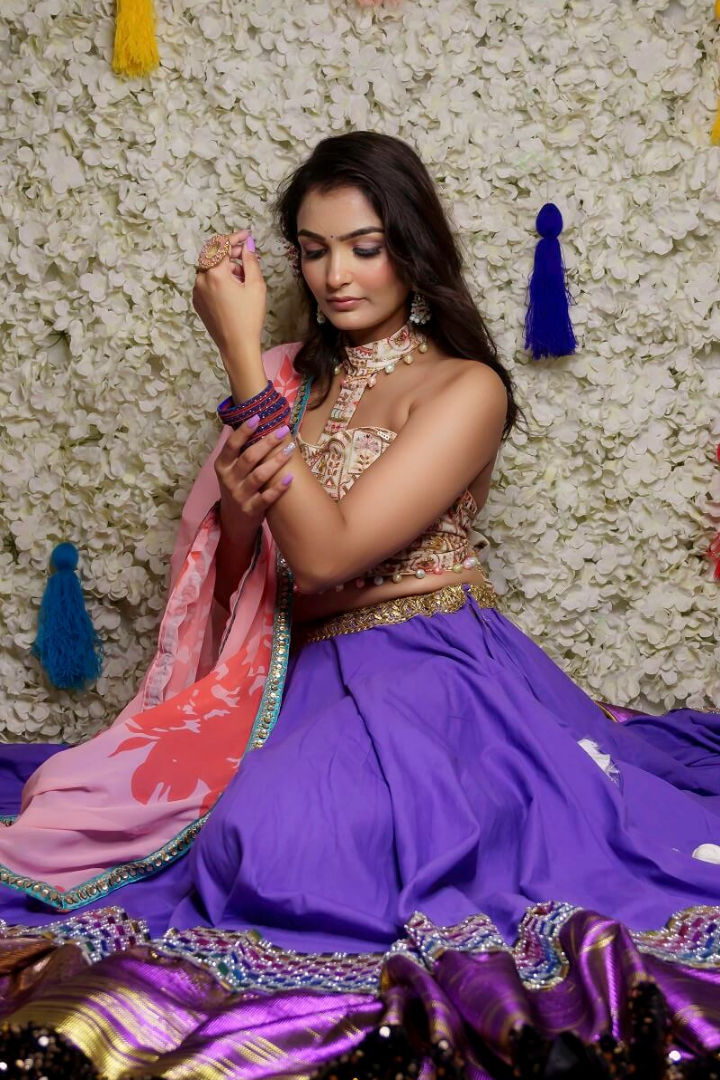 Purple Cotton Lehenga With Printed Dupatta