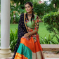 Green Blouse And Multicolour Lehenga With Navy Blue Dupatta