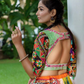 Green Blouse And Multicolour Lehenga With Navy Blue Dupatta