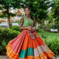 Green Blouse And Multicolour Lehenga With Navy Blue Dupatta