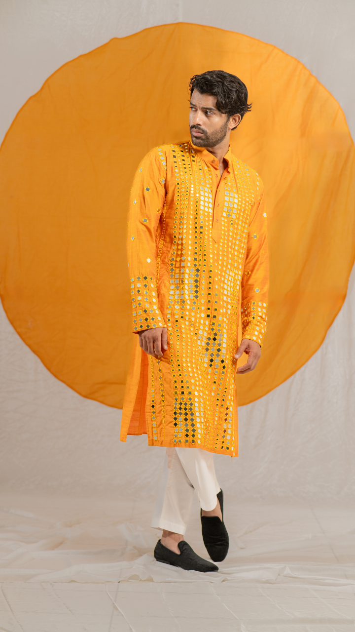 Luxe Granola Glass Mirror Raw Silk Kurta
