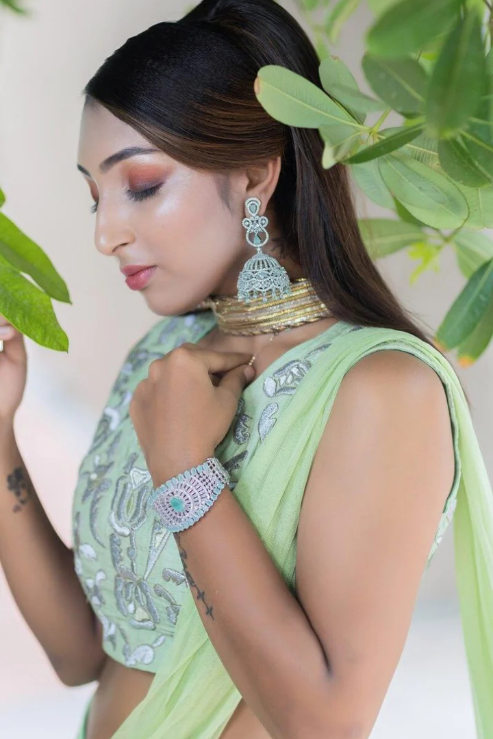 Green Ruffled Embroidered Lehenga