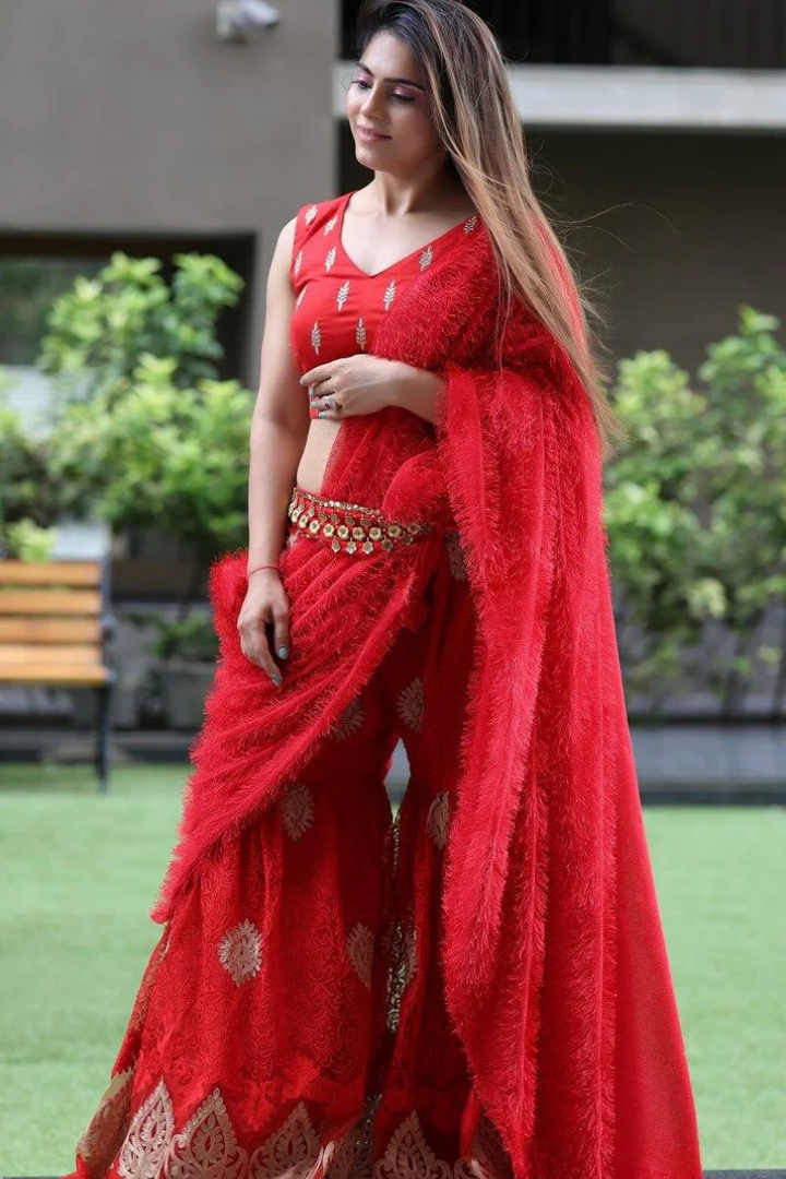 Red Silk Blouse & Net Worked Sharara With Feather Dupatta