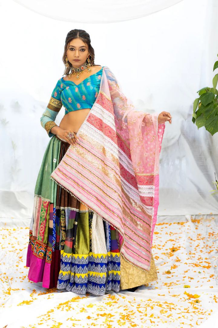 Handcrafted Multicolored Lehenga with Ikat Blouse & Bandhani Dupatta