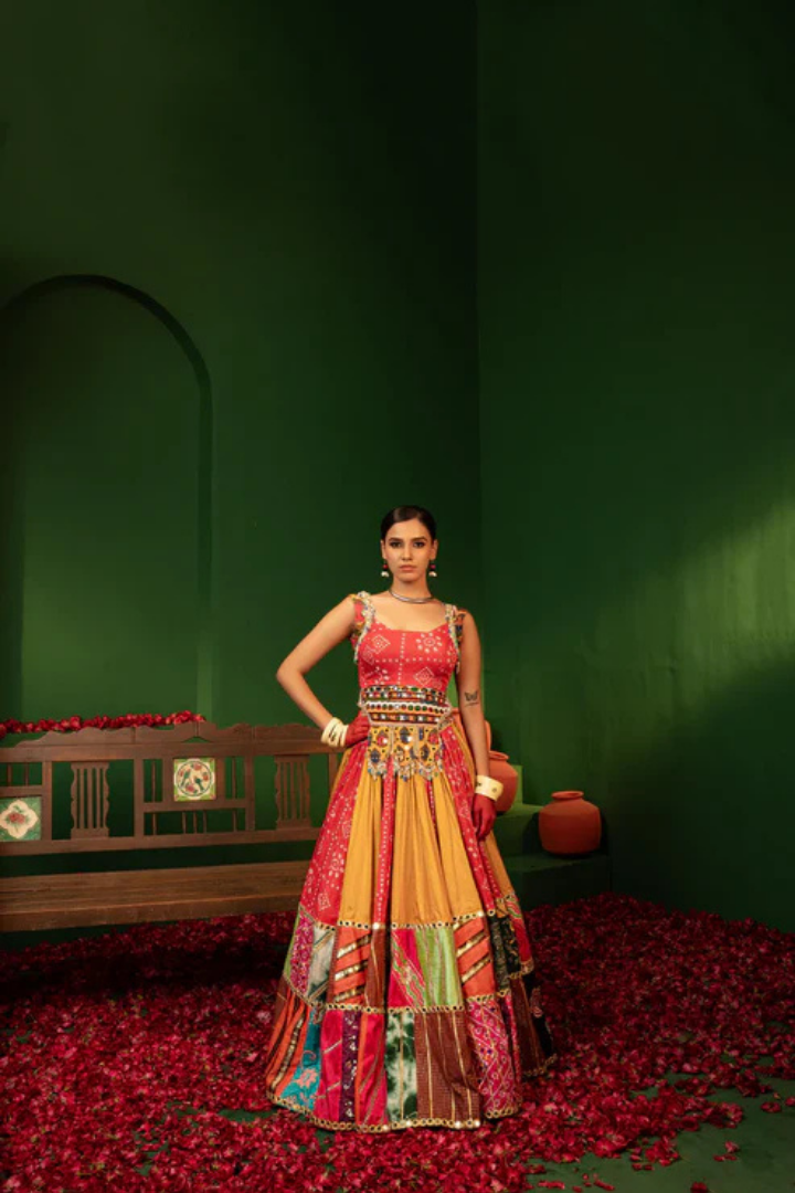 Devi Laal Peela Rang Lehenga Choli with Dupatta in Rayon Silk & Cotton Satin