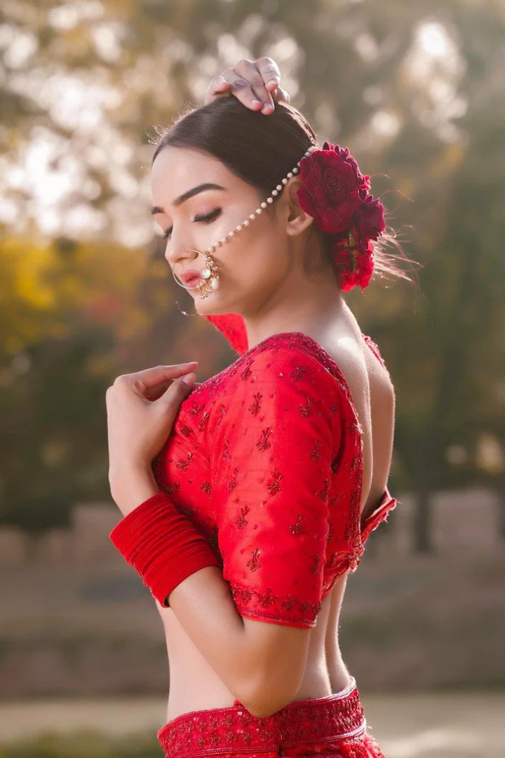 Red Net Sequence Embroidery Lehenga