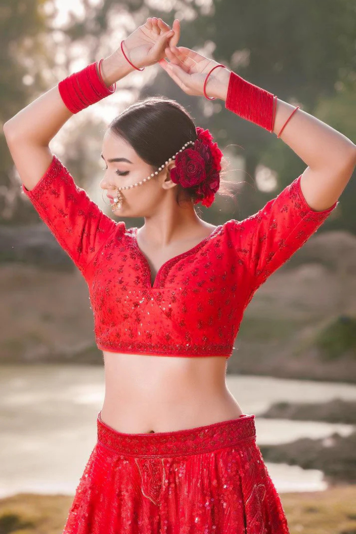 Red Net Sequence Embroidery Lehenga