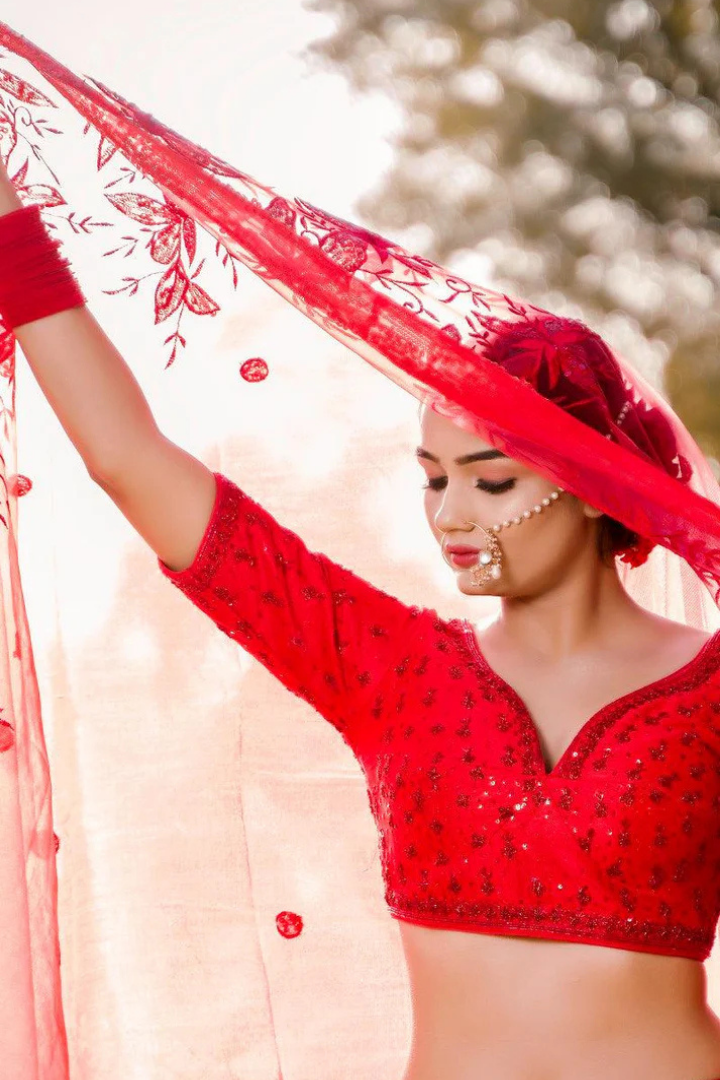 Red Net Sequence Embroidery Lehenga