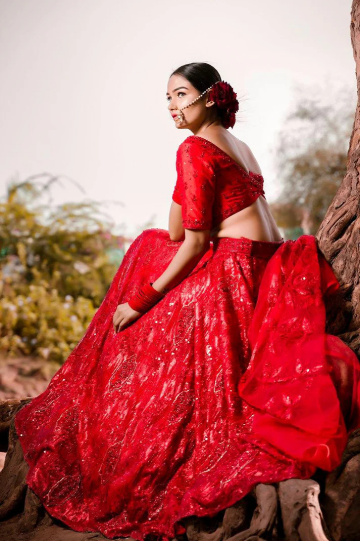 Red Net Sequence Embroidery Lehenga