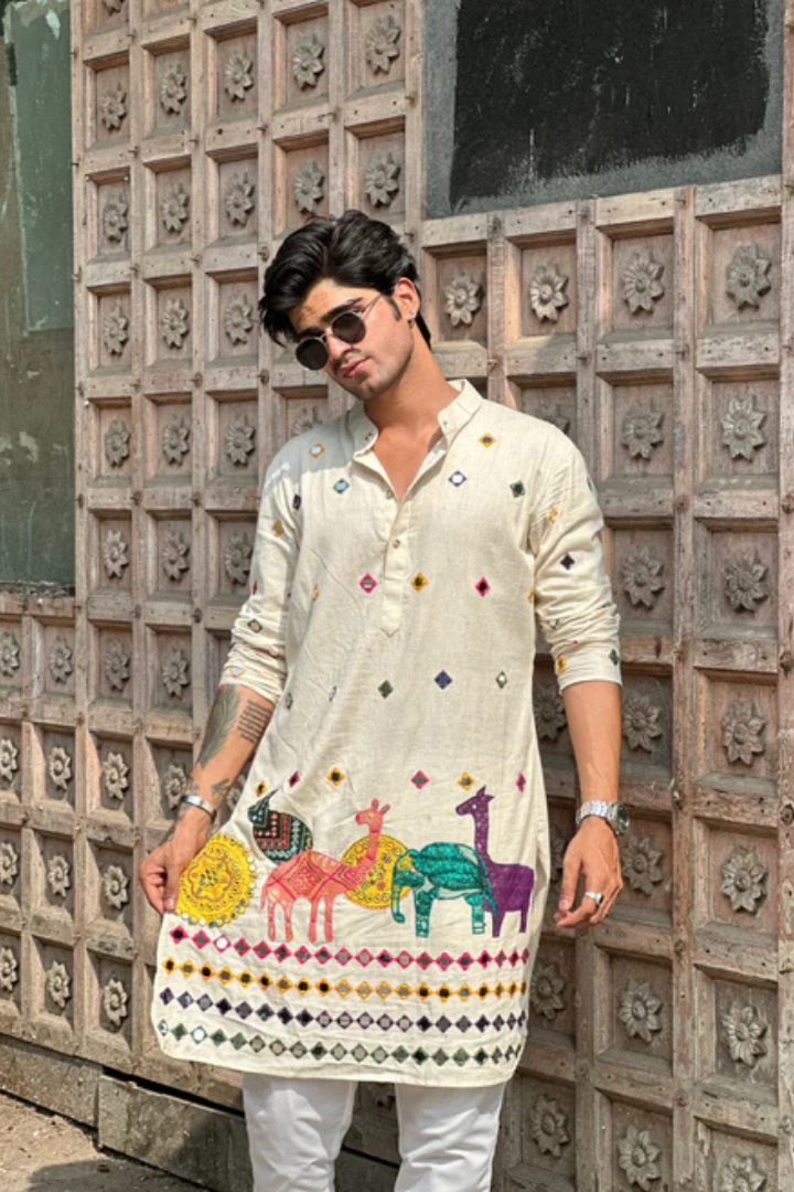 Comfy White Cotton Kurta with Colorful Embroidered Patches (Only Kurta)