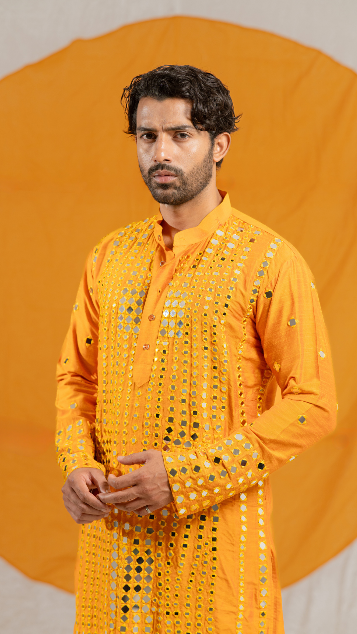 Luxe Granola Glass Mirror Raw Silk Kurta