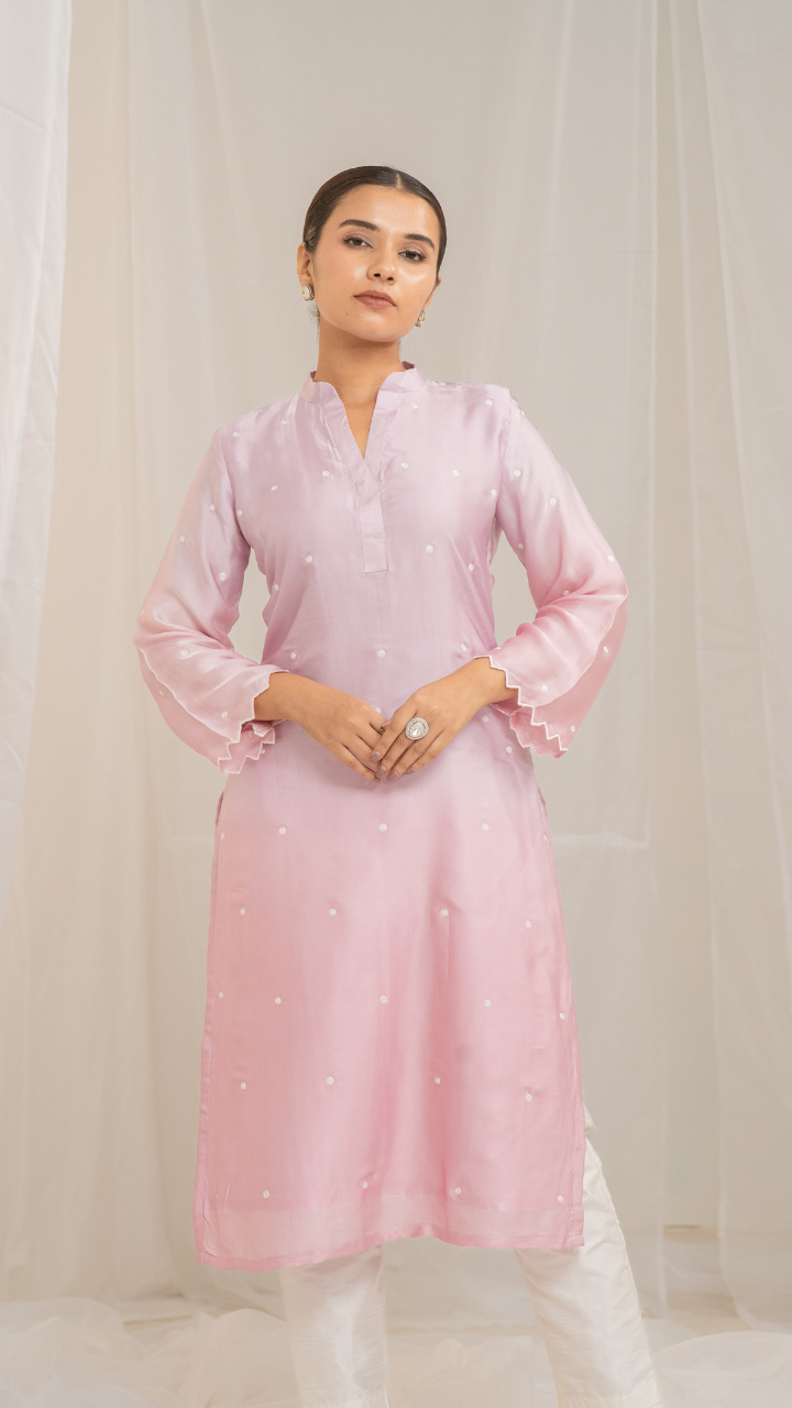 Pink Cotton Modal Satin Haryali Kurta Pant Set