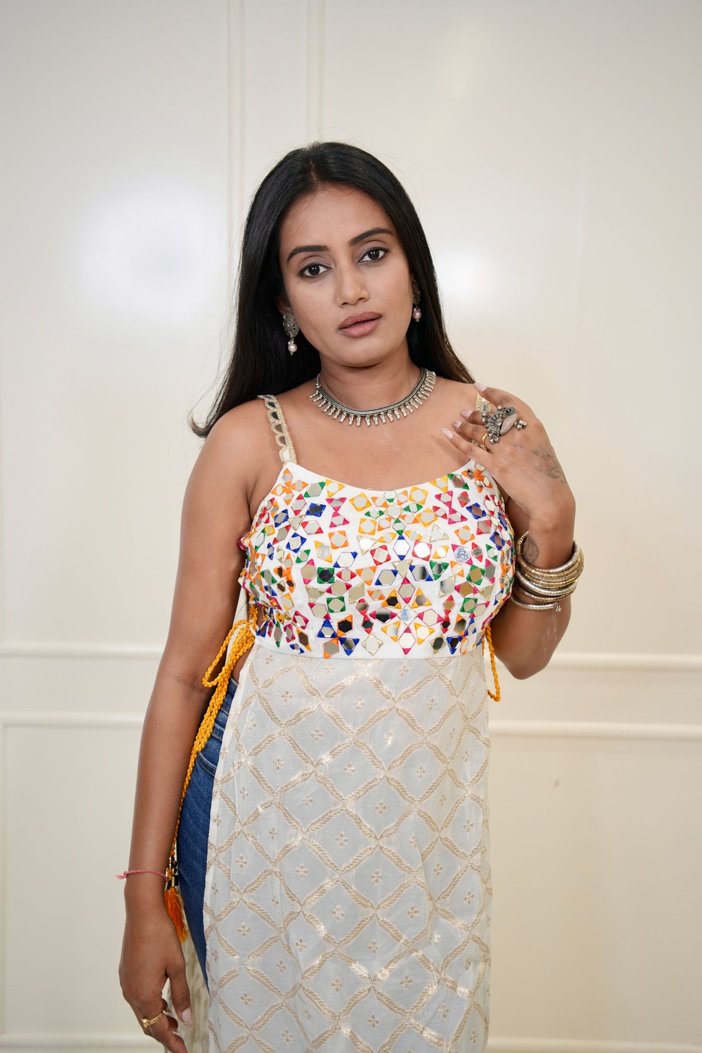 White Silk Tunic Multi Mirror