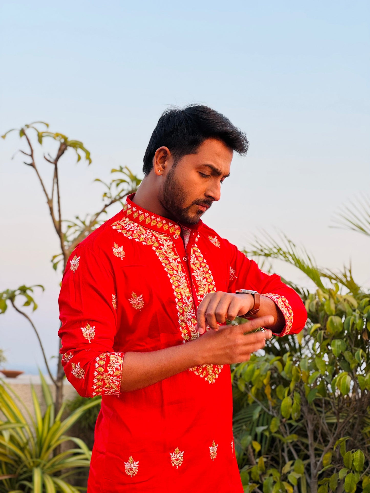 Red Heavy Kasab Embroidery Kurta