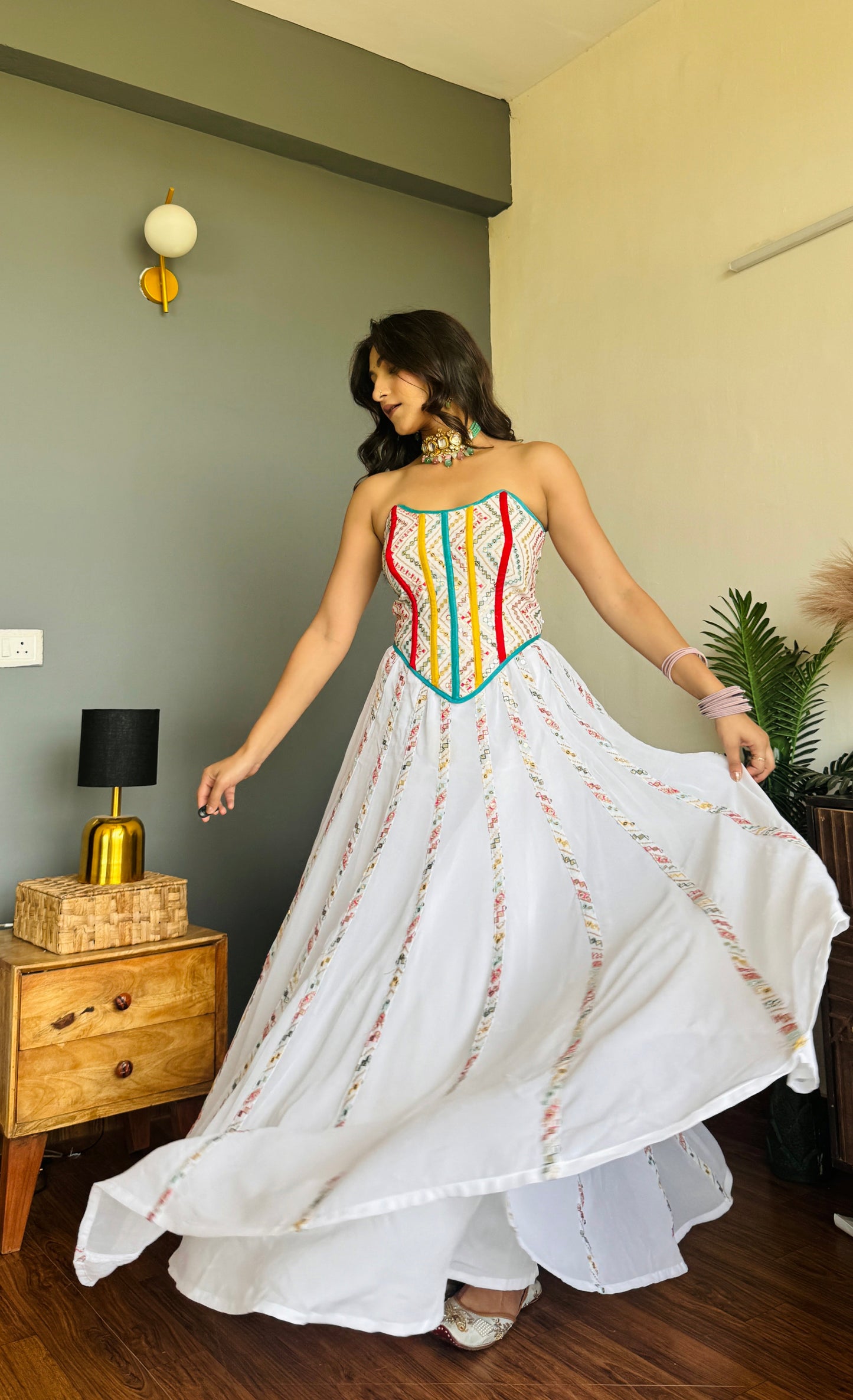 White Multi Embroidery Corset with Skirt