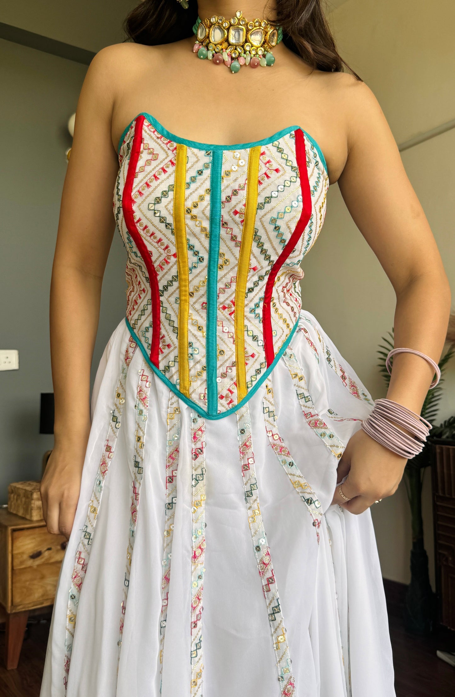 White Multi Embroidery Corset with Skirt
