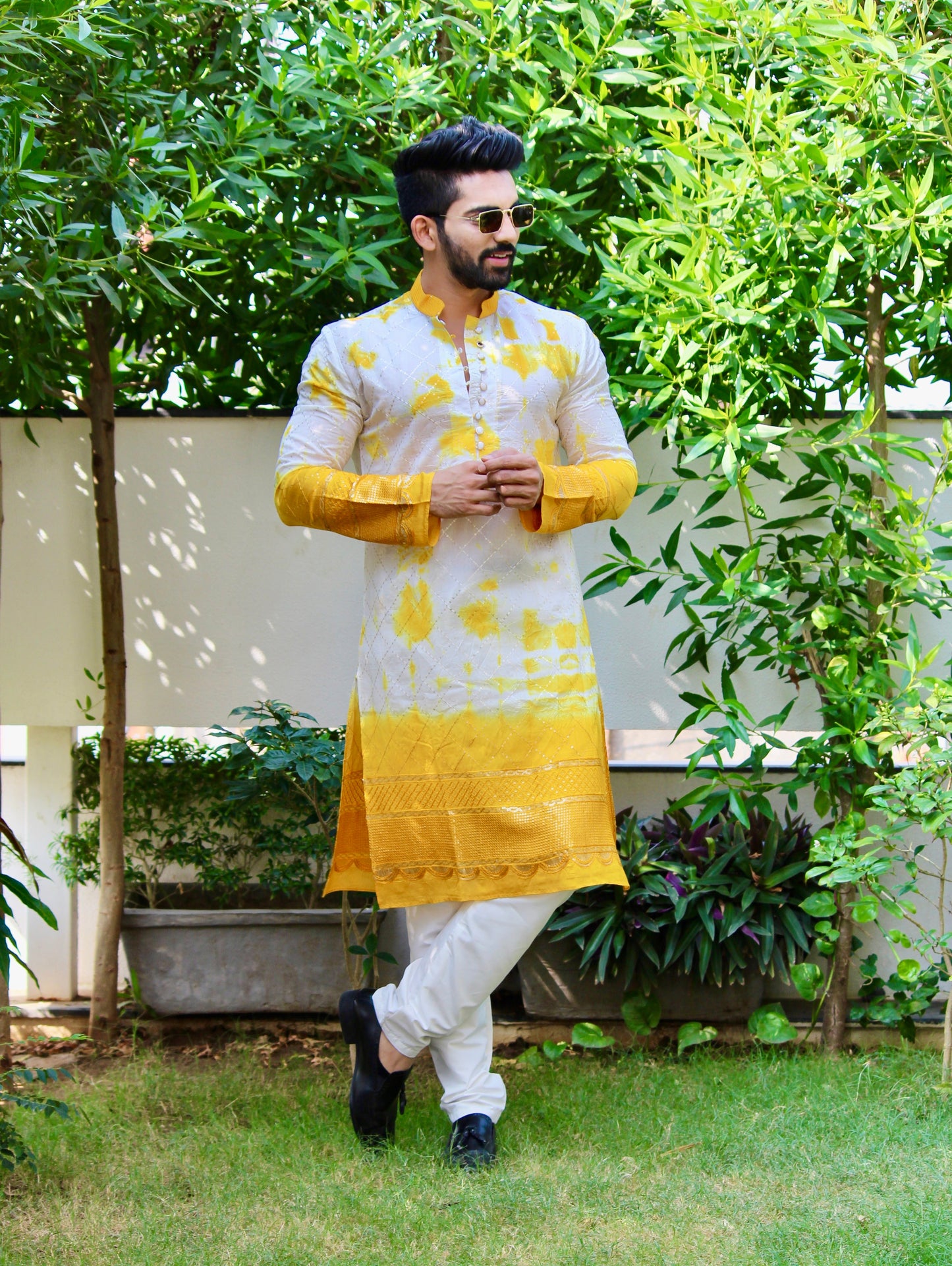 Yellow Batik Print Kurta with Self-Embroidery