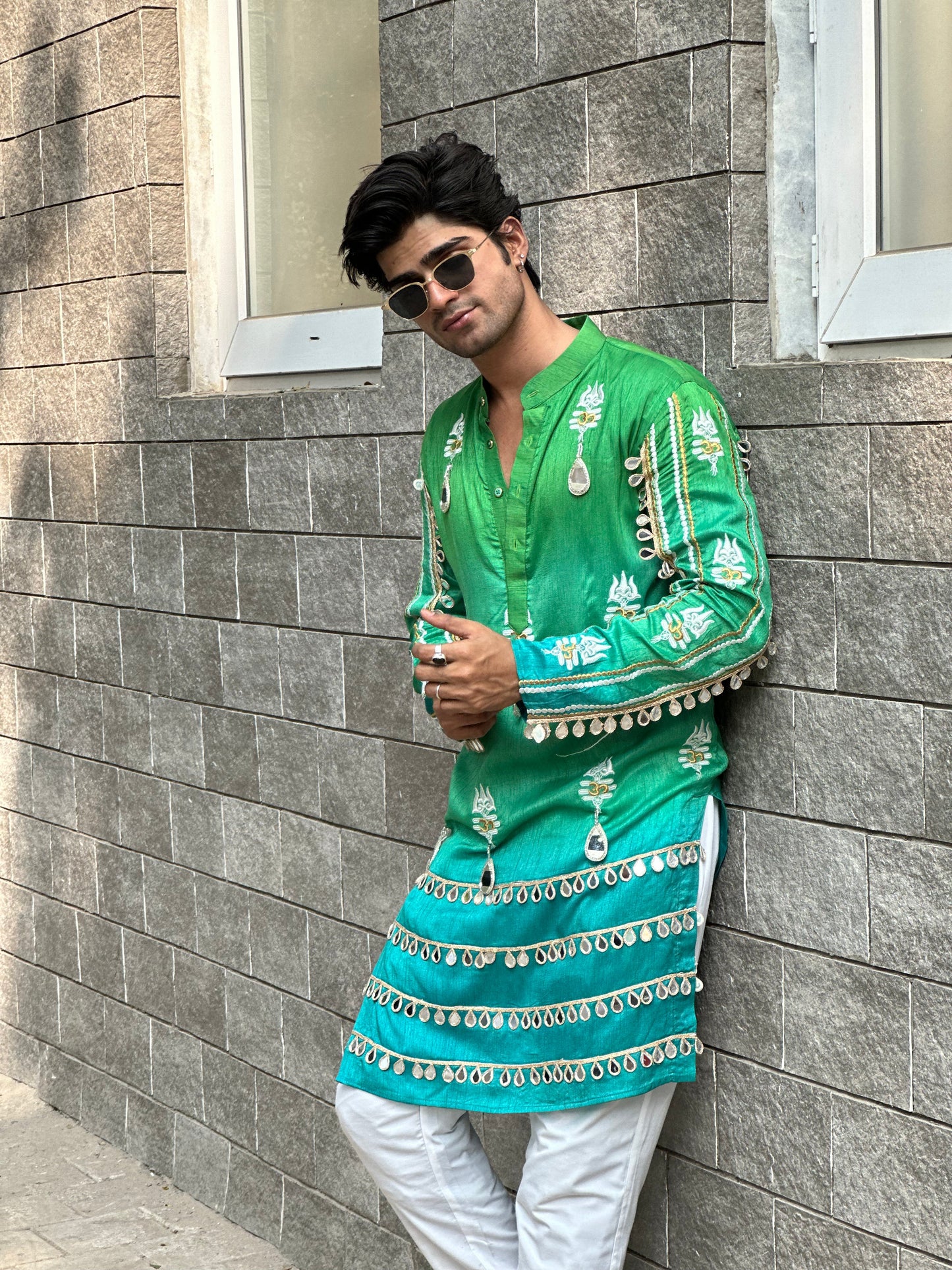 Trendy Chartreuse Ombré Kurta with Mirror Details