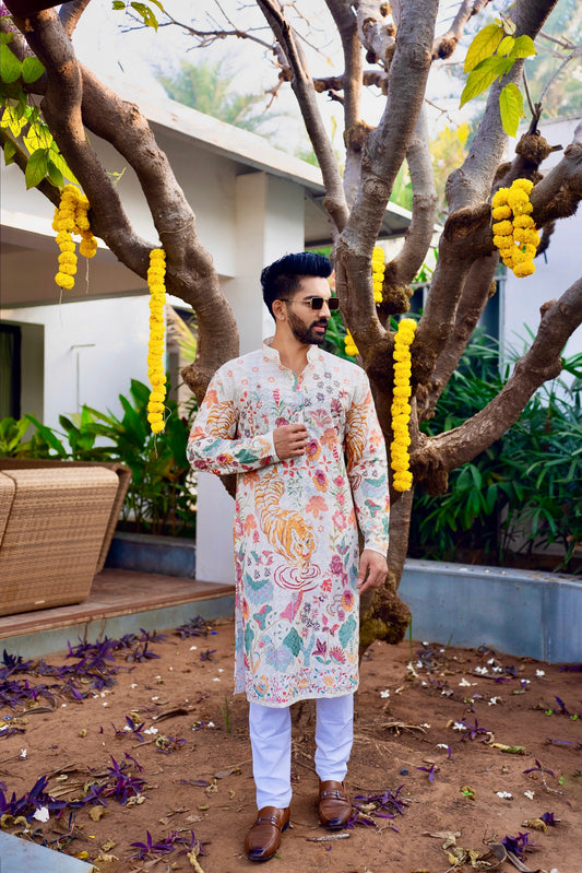 Ivory Mens Nicobar Printed Kurta