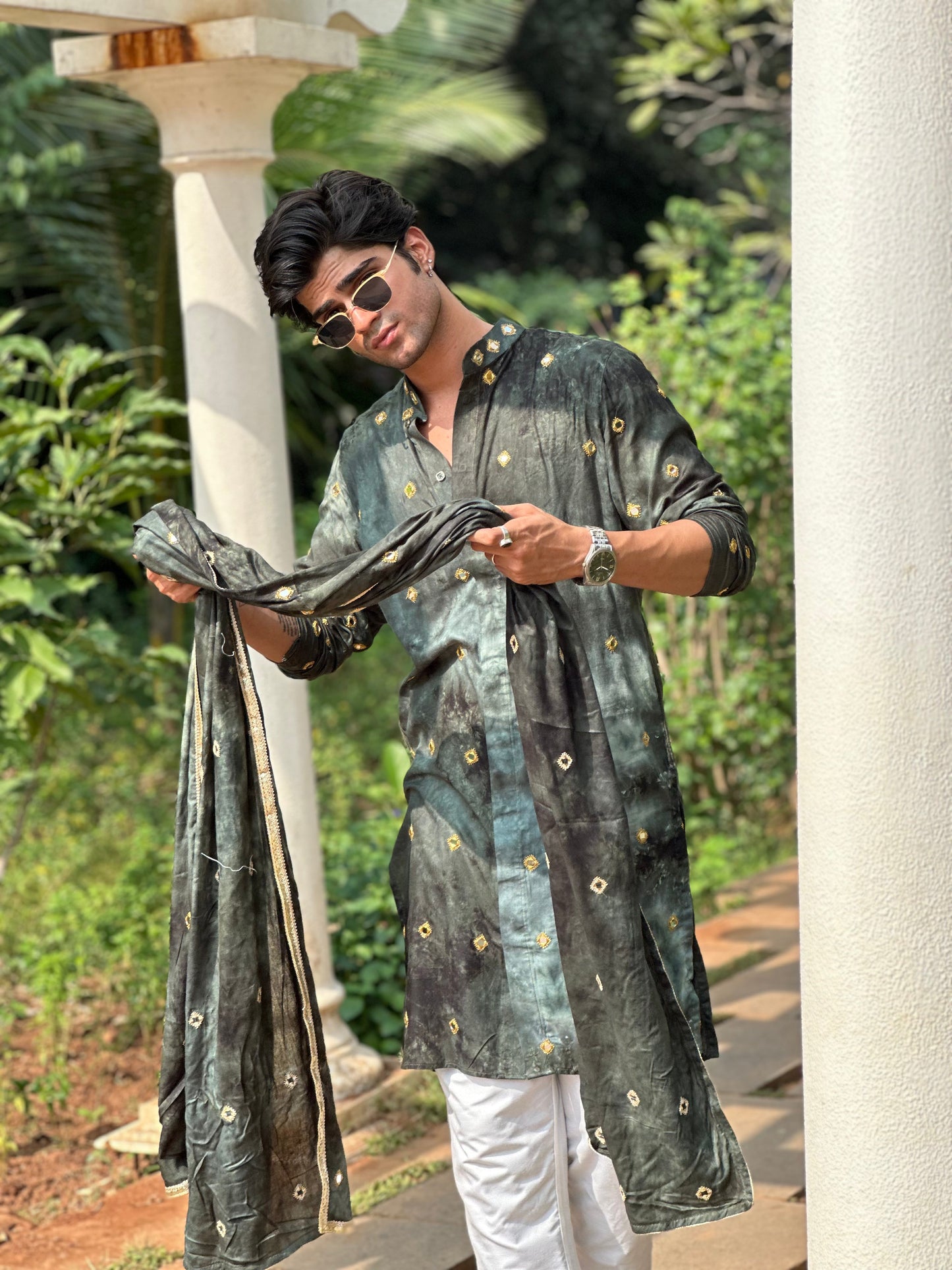 Unique Green-Indigo Shibori Kurta with Mirror Details