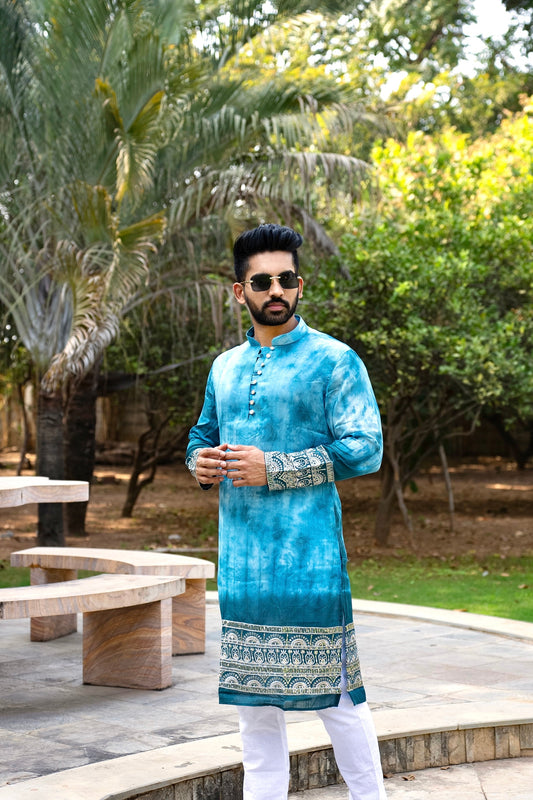 Process Blue Batic Gold Embriodery Kurta