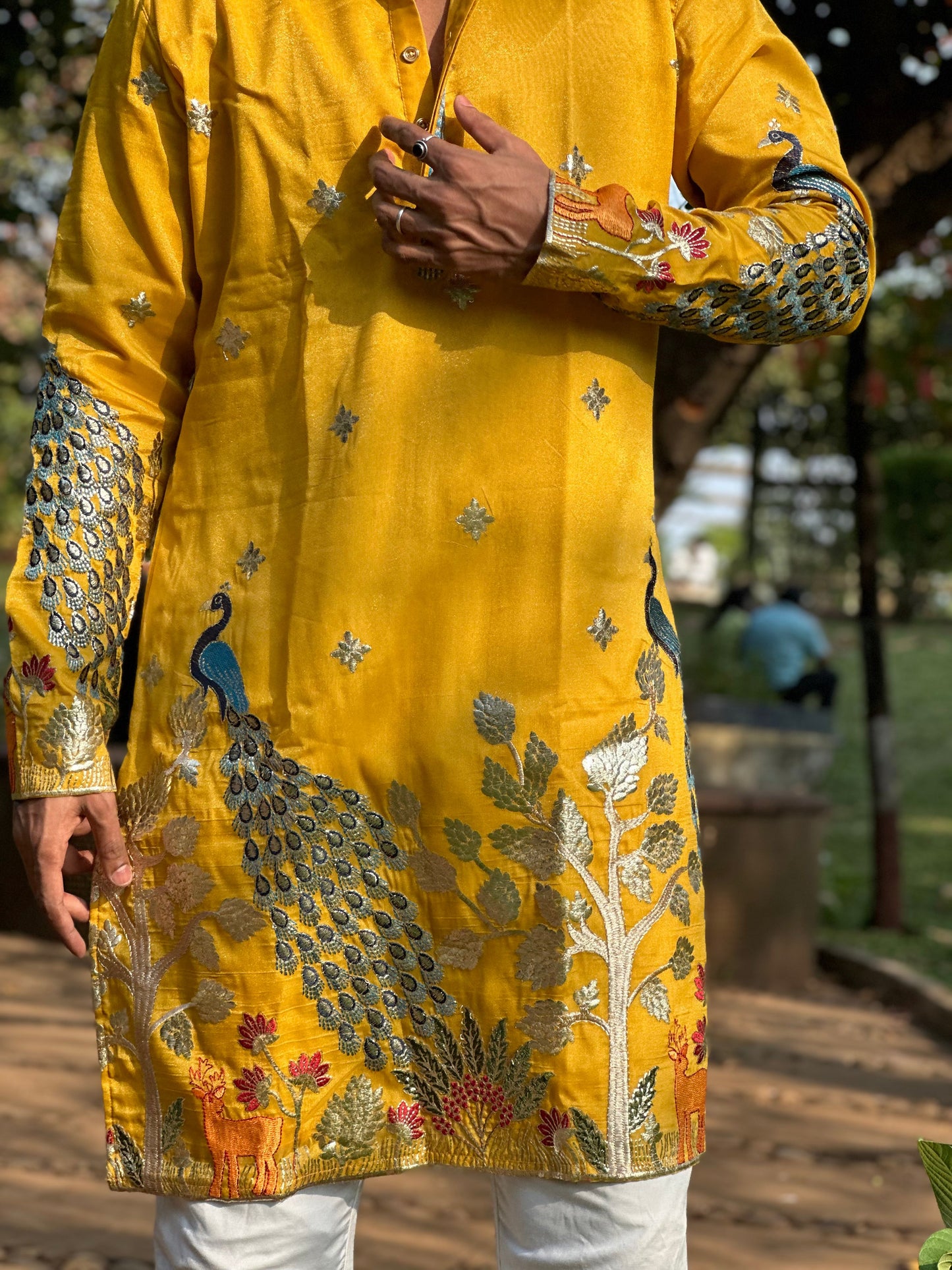 Sunshine Yellow Kurta with Traditional Deer and Peacock Print Kurta