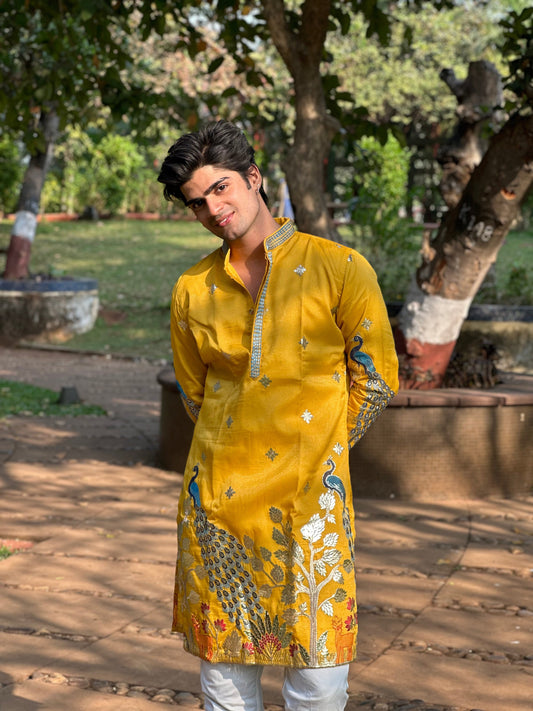 Sunshine Yellow Kurta with Traditional Deer and Peacock Print Kurta