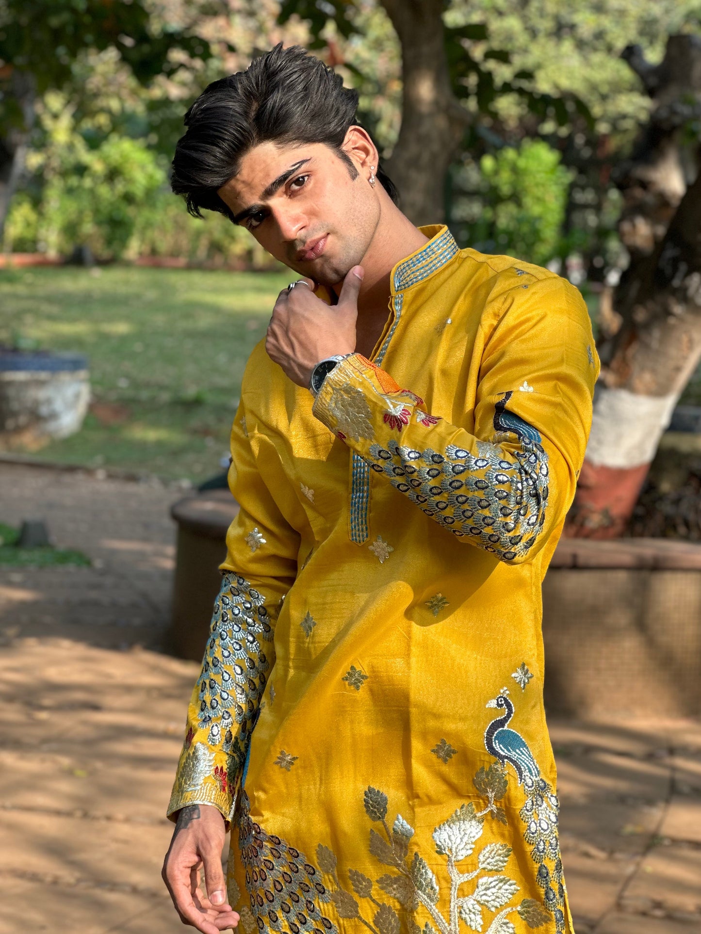 Sunshine Yellow Kurta with Traditional Deer and Peacock Print Kurta