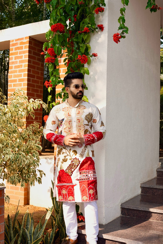 White spandex Multicolour embriodery Kurta