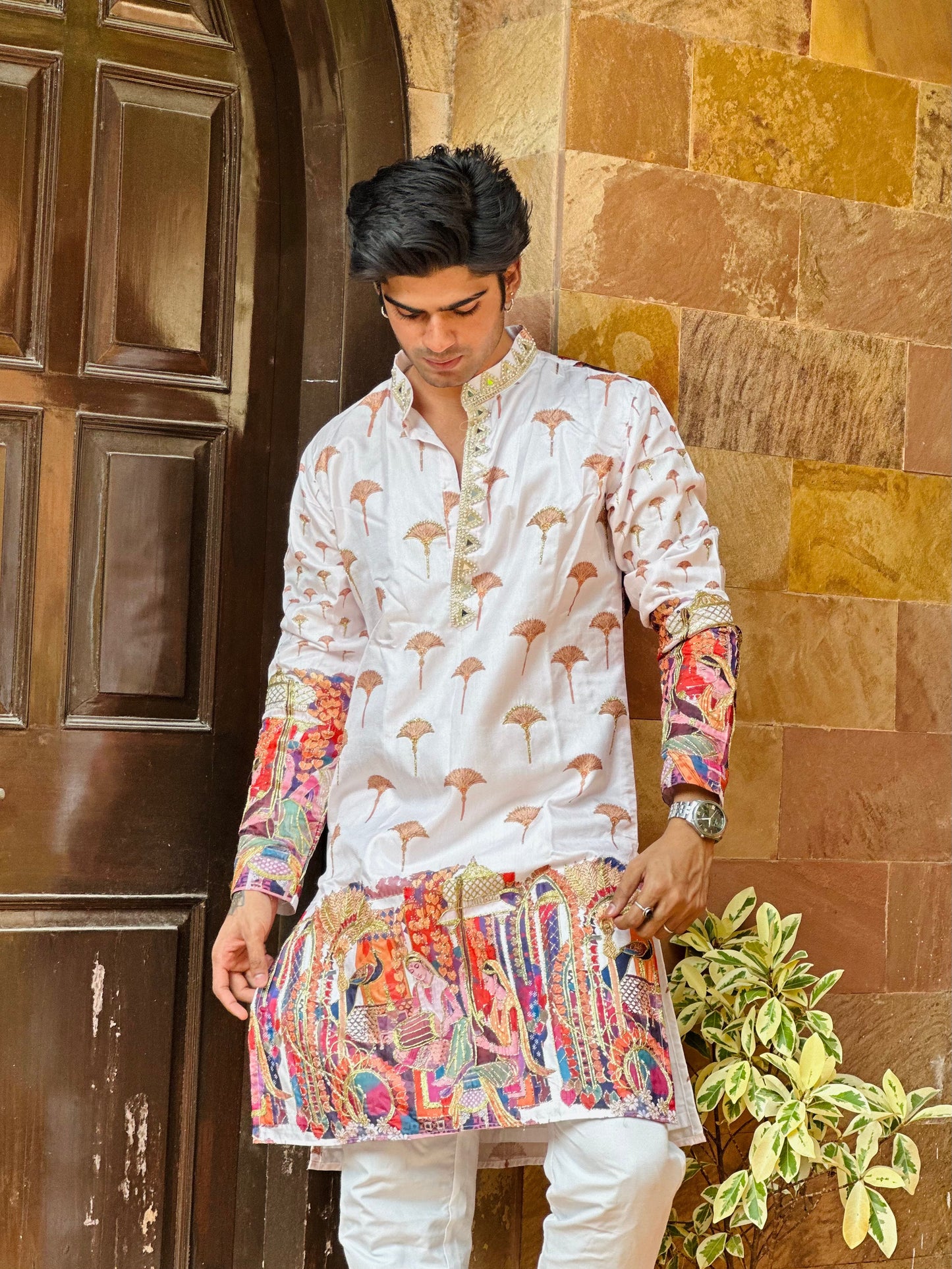 White Kurta with Beautiful Rainbow Embroidery