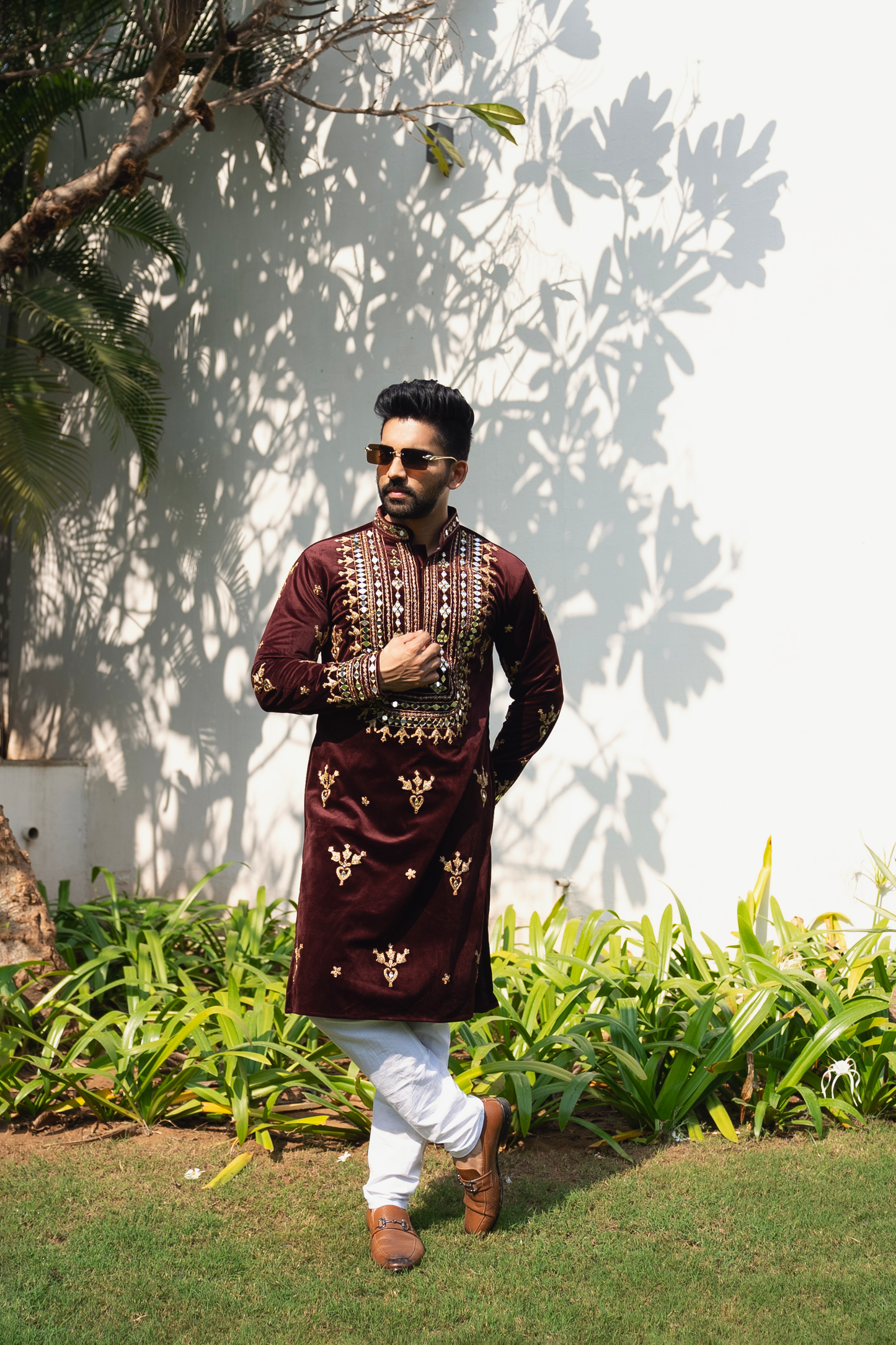Terracotta Brown Mirror Embroidered Kurta