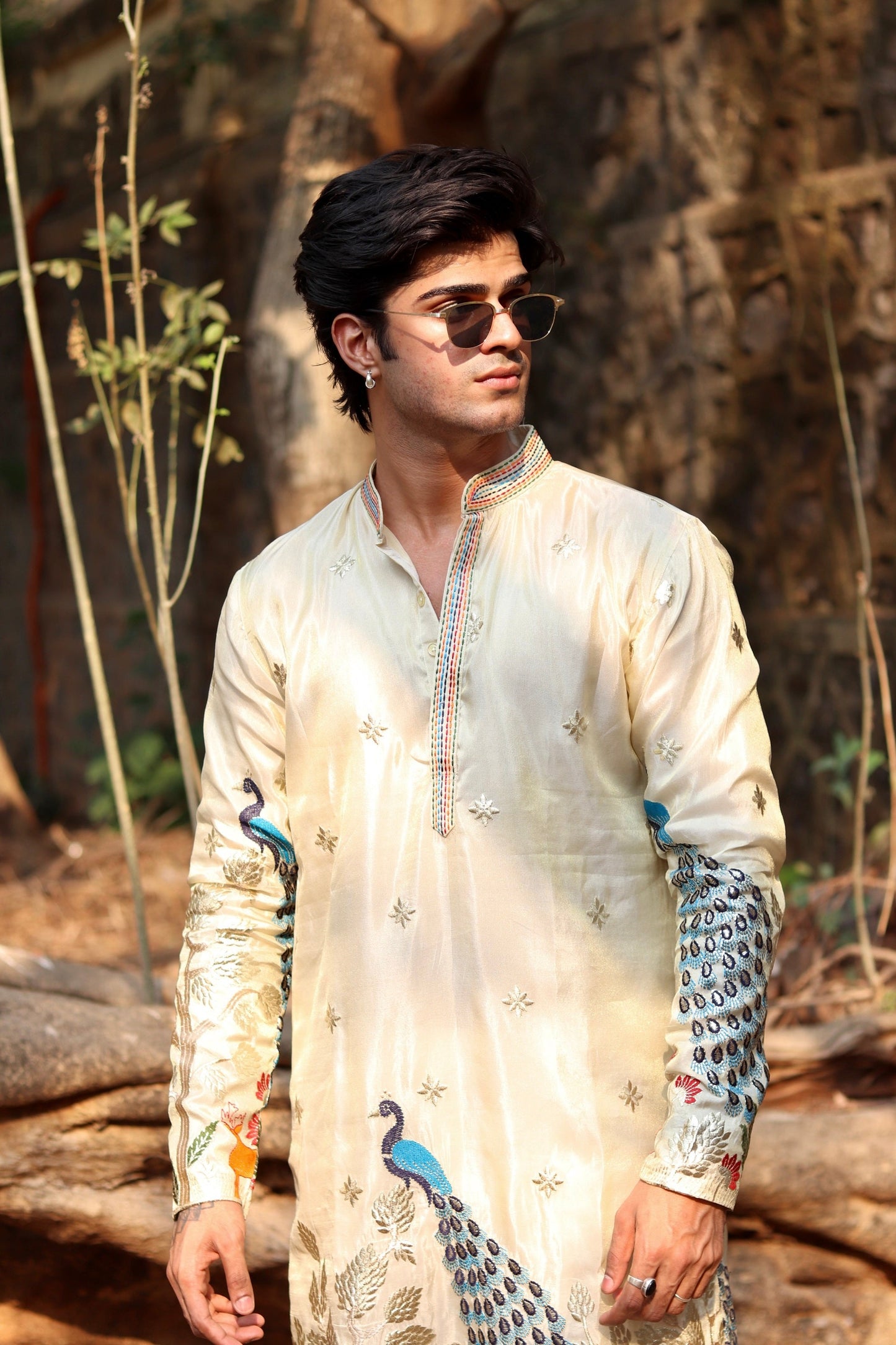 White Peacock Tissue Silk Kurta