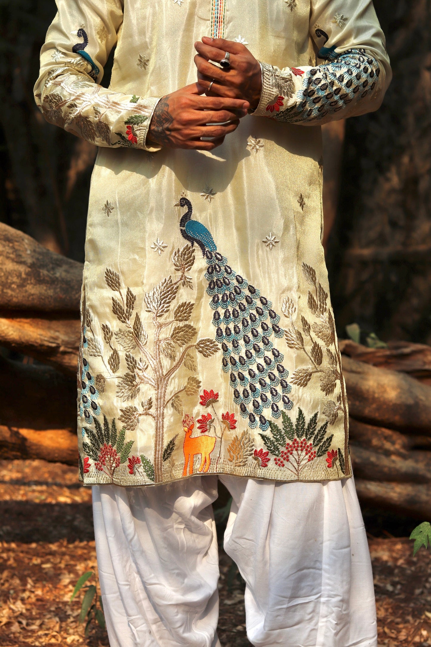 White Peacock Tissue Silk Kurta