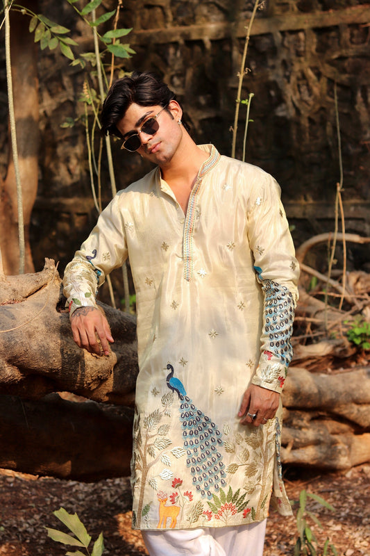 White Peacock Tissue Silk Kurta