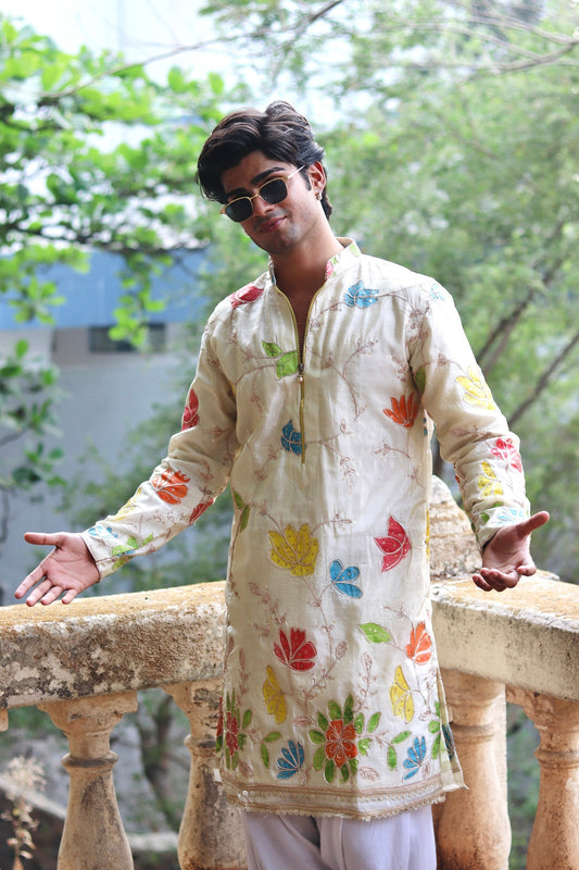White Multi Flower Embroidered Tissue Kurta