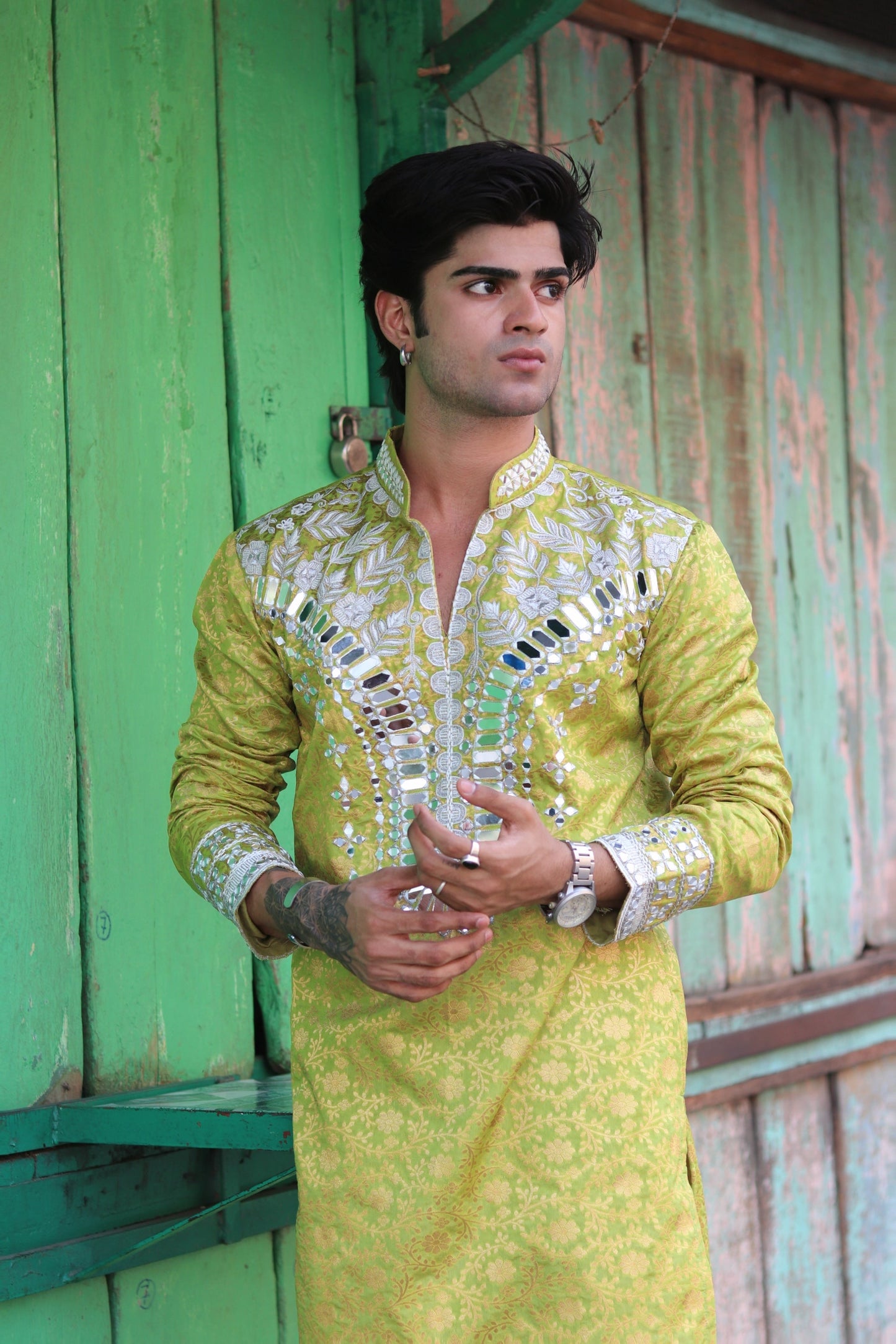 Green Sunflower Mirror Kurta with Dupatta