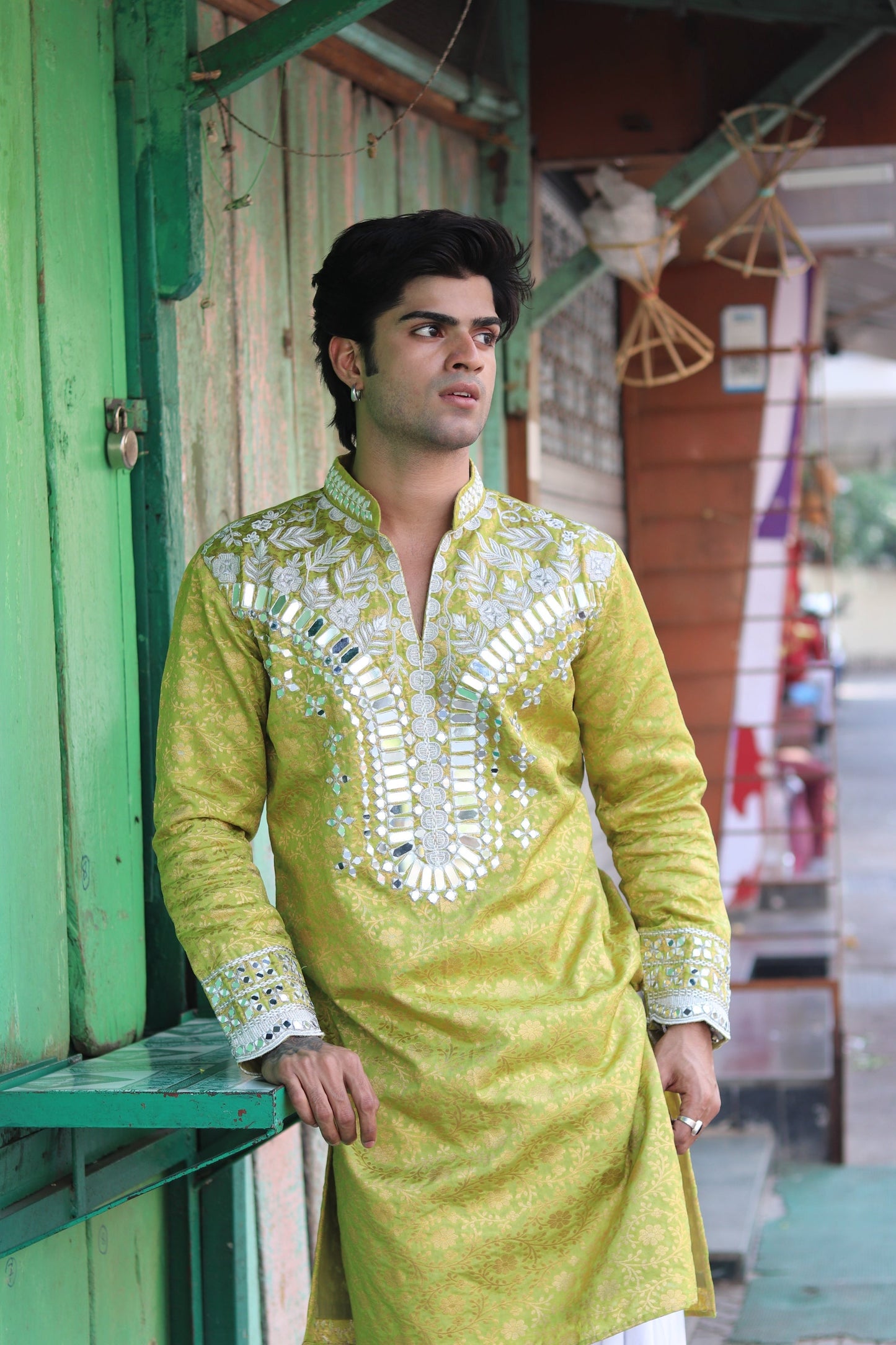 Green Sunflower Mirror Kurta with Dupatta