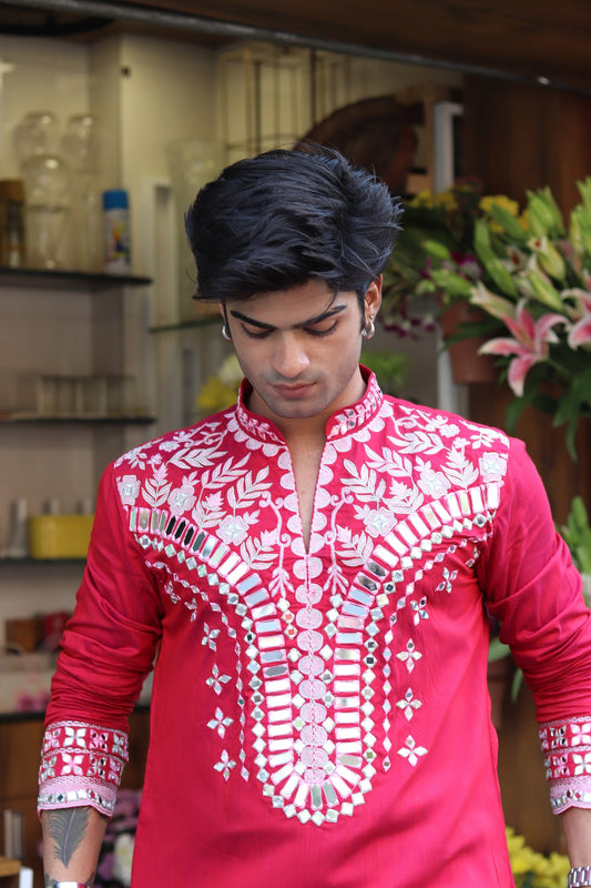 Scarlet Red Mirror Kurta