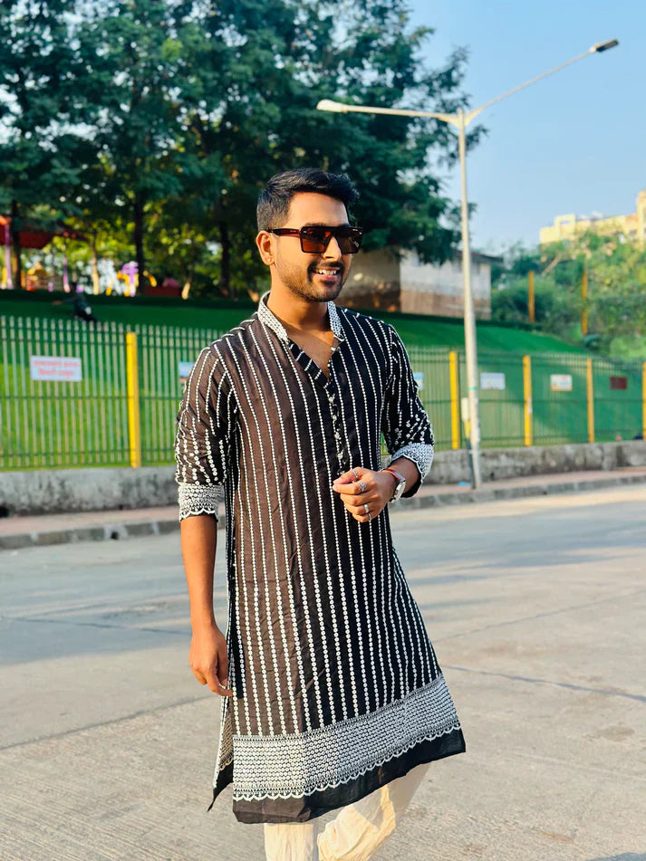 Black Kurta with White Linings and Exquisite Embroidery