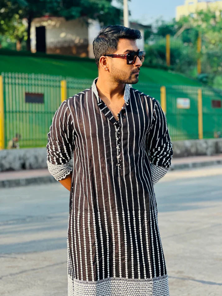 Black Kurta with White Linings and Exquisite Embroidery