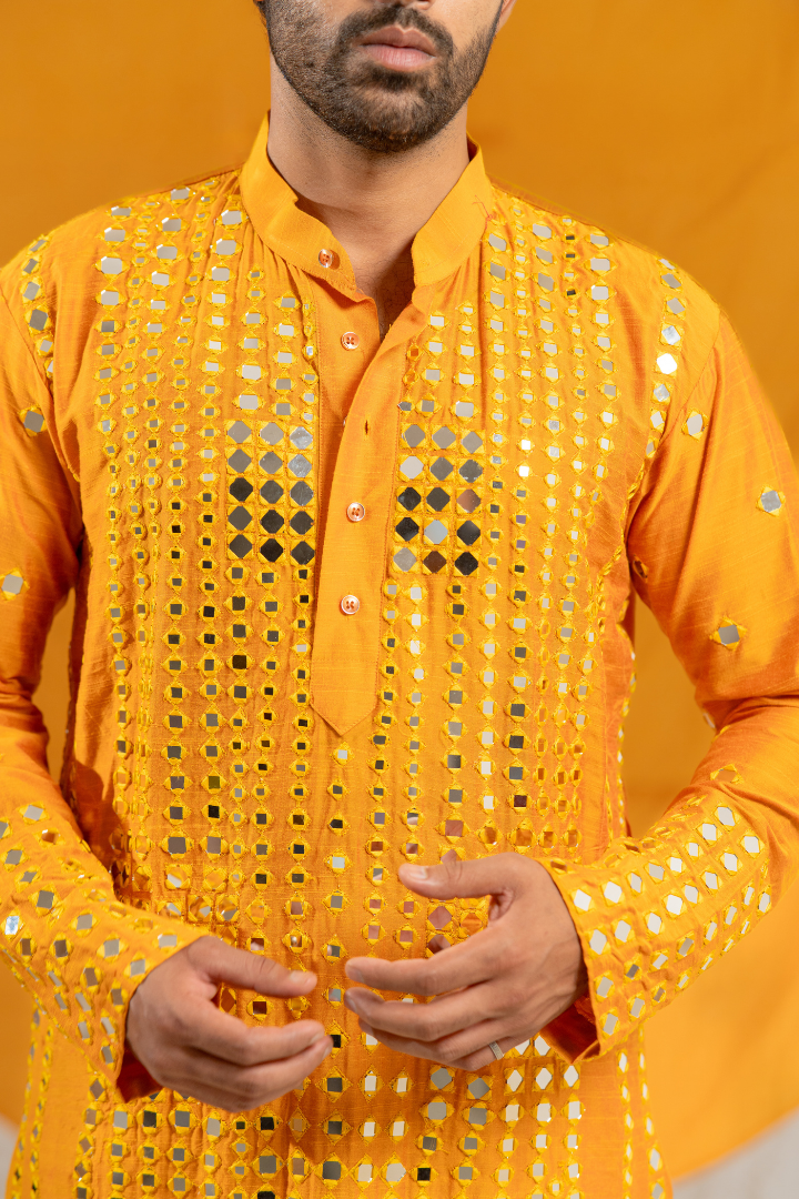 Luxe Granola Glass Mirror Raw Silk Kurta