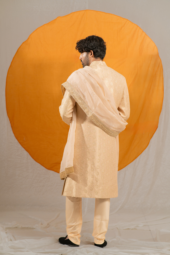 Golden Jacquard Silk Sherwani (Without Dupatta)
