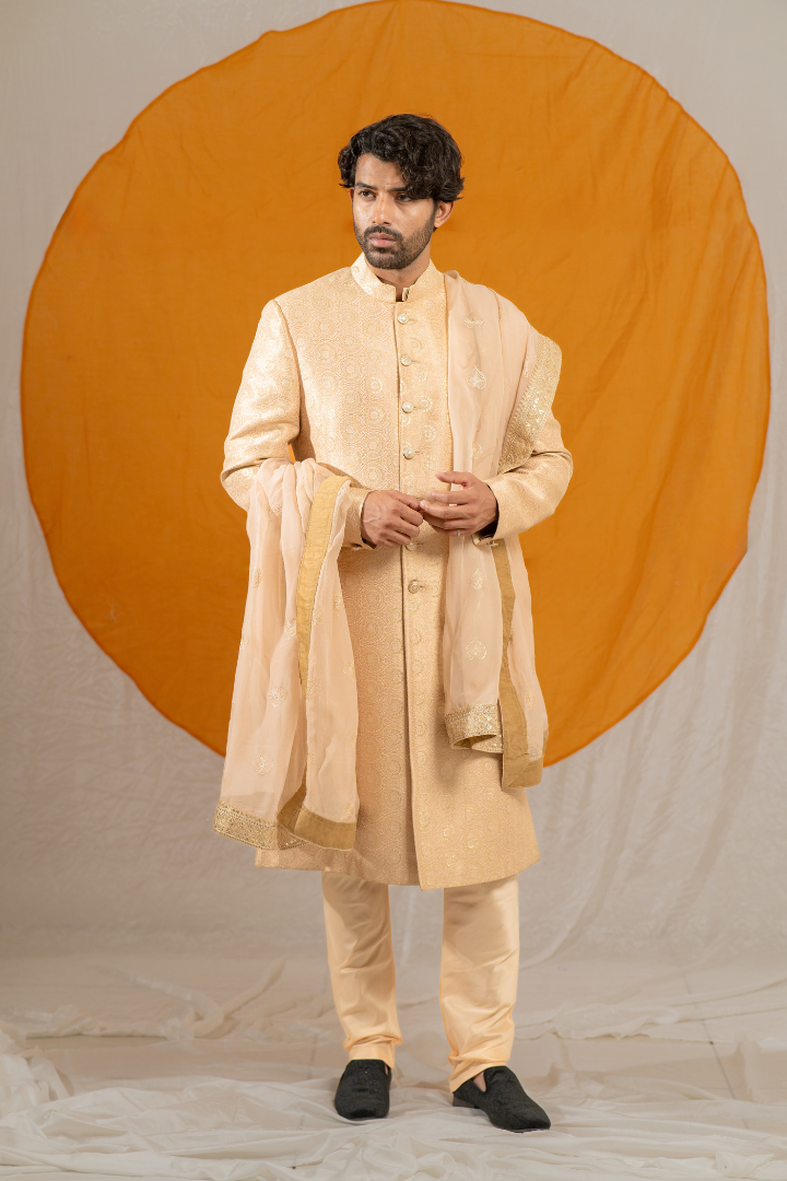 Golden Jacquard Silk Sherwani (Without Dupatta)