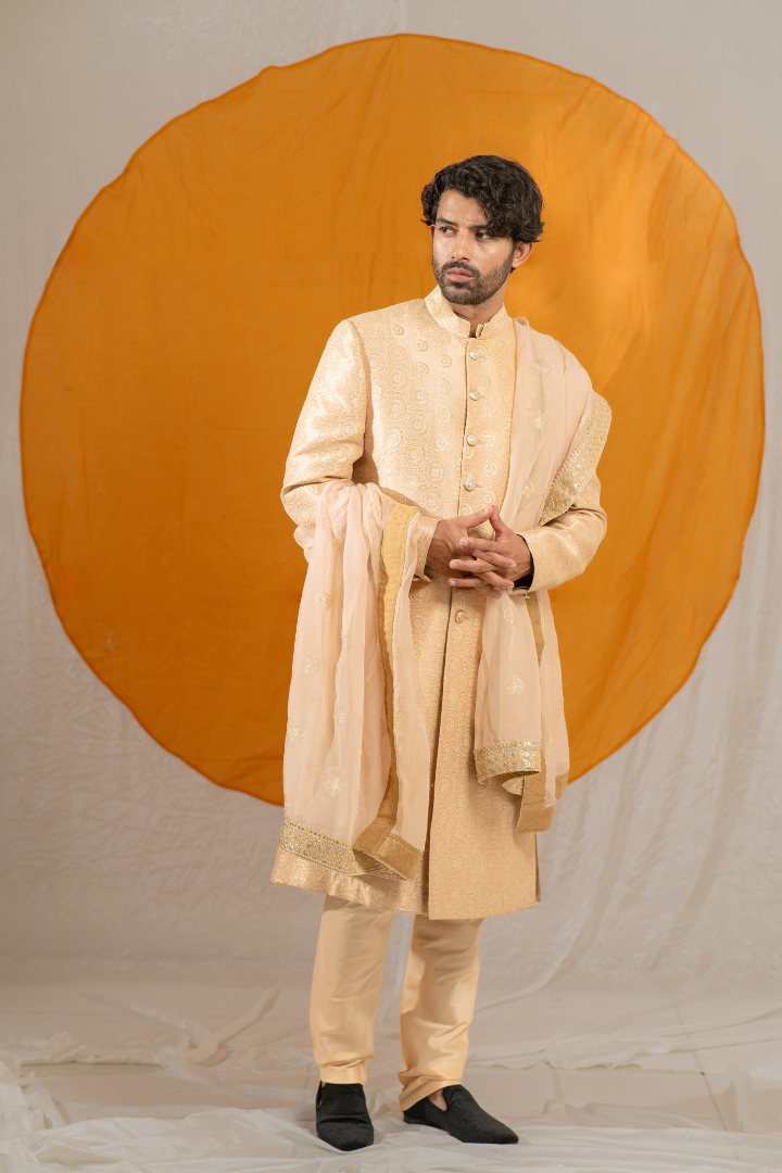 Golden Jacquard Silk Sherwani (Without Dupatta)