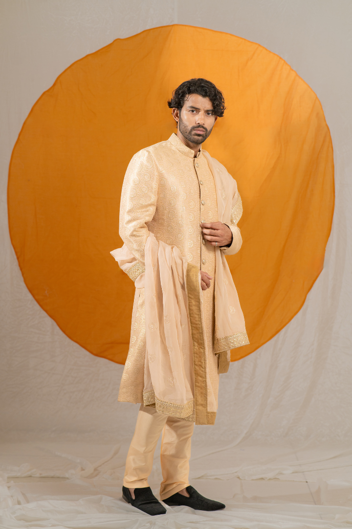 Golden Jacquard Silk Sherwani (Without Dupatta)