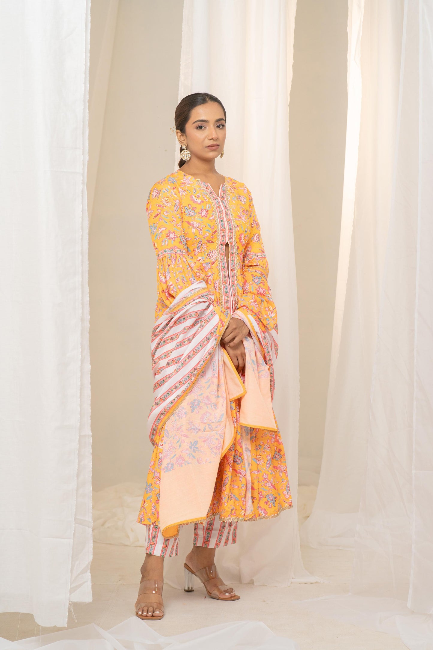 Yellow Floral Printed Anarkali Suit with Exquisite Border - Pant and Dupatta Included